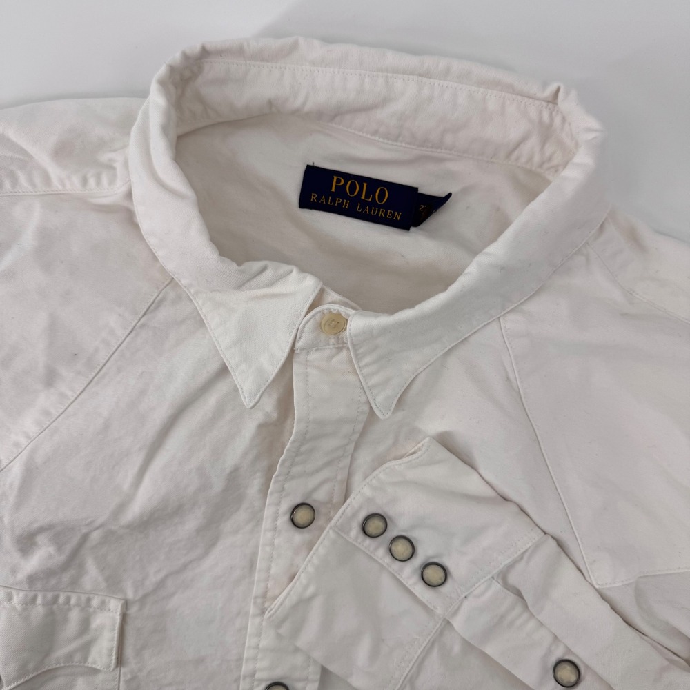 Polo Ralph Lauren Western Shirt Mens 2XB White Cotton Canvas Pearl Snap 9773